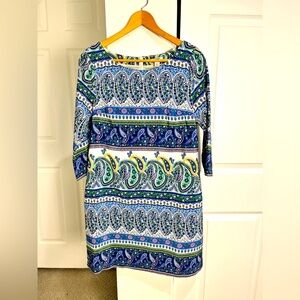 Old Navy Shift Dress Blue Paisley Lined 3/4th Sleeves Career Casual Travel Sz S